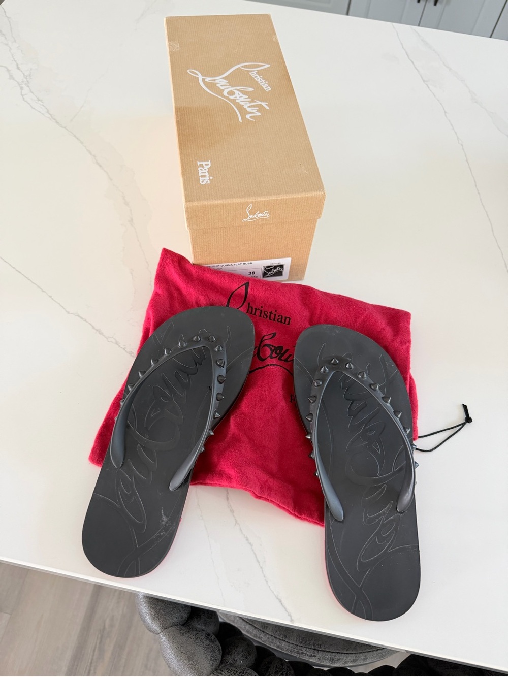 Christian Louboutin Black Studded Flip Sandals
